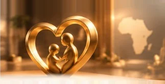 A gold heart-shaped sculpture framing a mother and child, a map of Africa on the wall behind it
