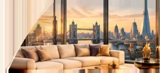 A cream sofa in a London apartment at dusk, its windows looking out over Tower Bridge and the Shard
