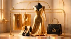 A gold gown on a mannequin beside a brass rail of gold garments, with black heels and a black handbag