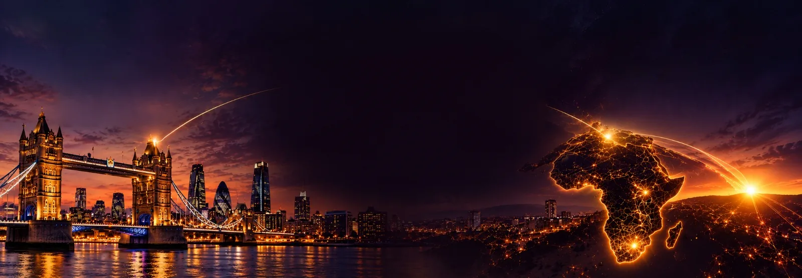 London at night with Tower Bridge lit gold, and a glowing map of Africa at sunrise