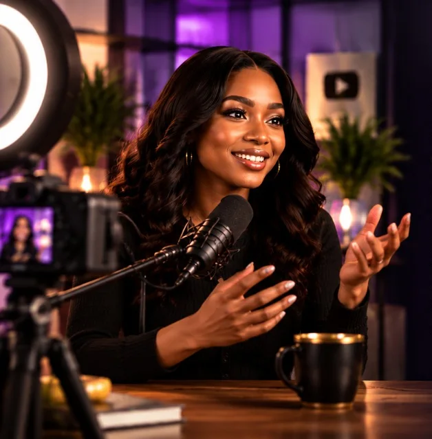 A smiling woman with long dark wavy hair talking into a podcast microphone at a desk, a camera and ring light in front of her, in a purple-lit studio