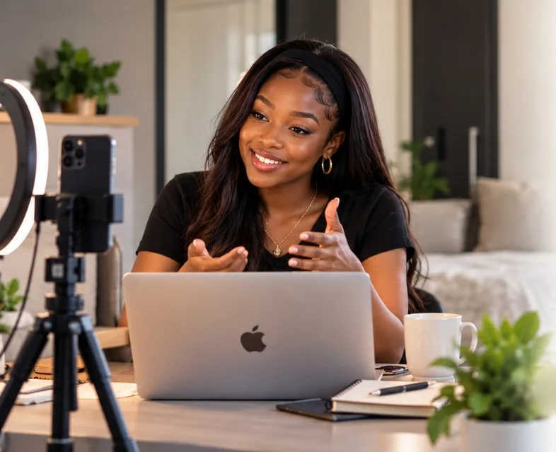 A smiling woman with long dark hair talking to a phone on a ring-light stand, her hands raised as she speaks, at a laptop beside a mug, a notebook and a plant