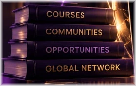 Four books lettered Courses, Communities, Opportunities and Global Network