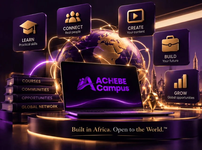 A glowing gold-and-purple globe behind a laptop showing the Achebe Campus logo, on a podium lettered: Built in Africa. Open to the World.&trade;