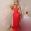 Mily Bily, a student: a woman with long fair hair in a long red dress, standing in a pale room