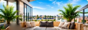 A sunlit roof terrace with a long wicker lounge sofa and cushions between two potted palms, glass walls and a city view
