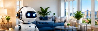 A white robot with blue eyes in a bright living room with a navy sofa, plants and tall windows onto a city