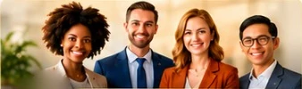 Four smiling colleagues in business clothes standing side by side in a bright office