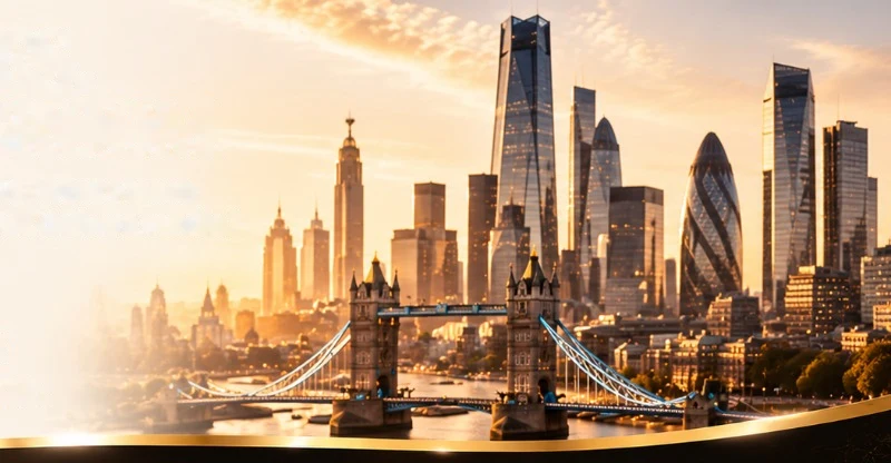 The City of London and Tower Bridge at golden hour