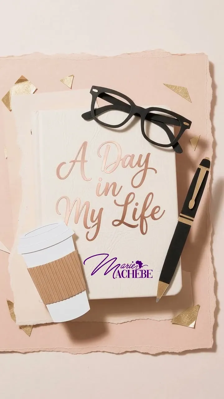 The opening frame of the film: a cream journal lettered ‘A Day in My Life’ with the Marie Achebe logo, black glasses, a pen and a paper coffee cup on blush paper