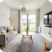 A bright living room with a grey sofa, a round wooden coffee table and a window onto a balcony