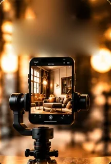 A phone on a gimbal filming an apartment interior