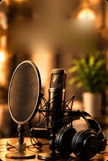 A studio microphone with a pop filter and headphones