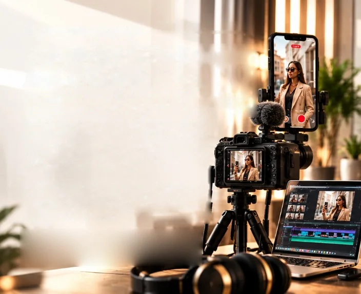 A creator’s desk: a phone on a tripod filming a woman in a camel blazer, a camera, a laptop editing the video and a pair of headphones
