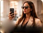 A woman in sunglasses and a camel blazer filming herself on a phone