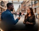 A man holding a microphone out to a woman in a street interview
