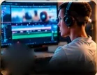 A video editor in headphones working on a timeline on a large screen