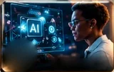 A creator in glasses in front of a glowing AI interface