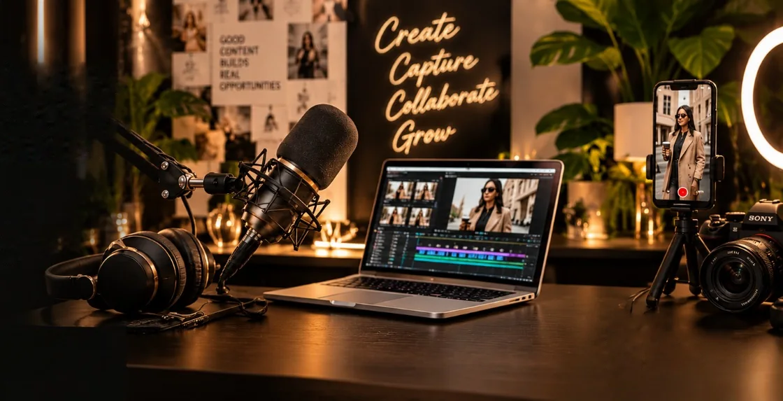 A creator’s desk: a studio microphone, headphones, a laptop editing video, a phone on a tripod and a camera, under a gold neon sign reading Create, Capture, Collaborate, Grow