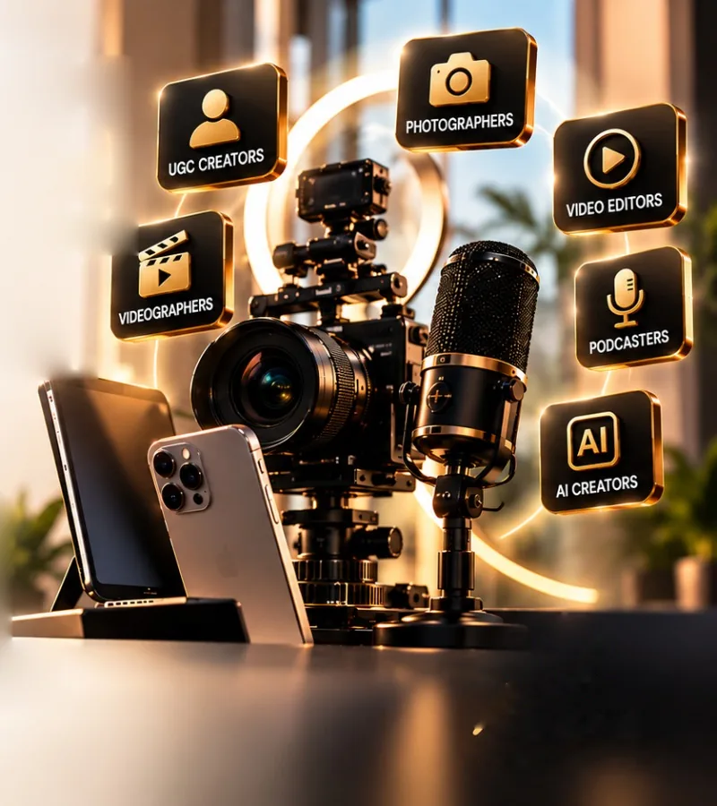 A creators’ desk: a cinema camera rig, a ring light, a studio microphone, a phone and a tablet, under gold tiles naming six kinds of creator
