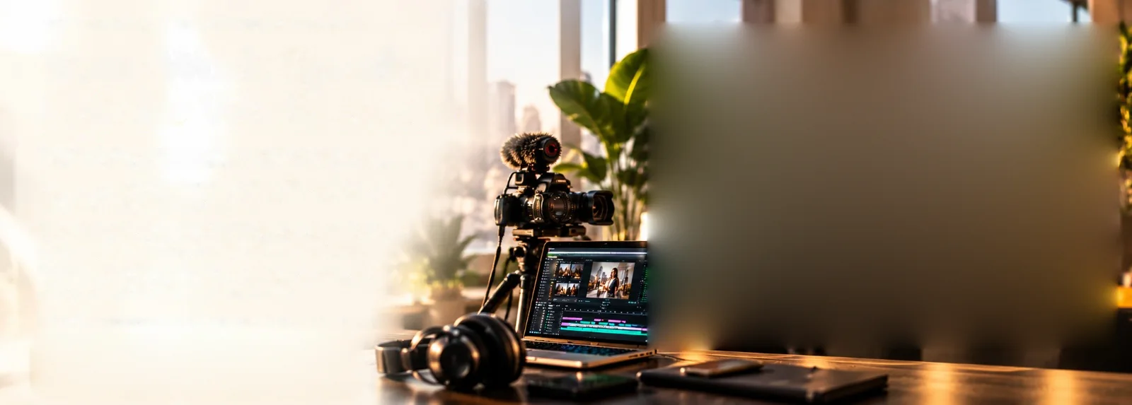 A creator’s desk by a bright window: a camera with a microphone on a tripod, a laptop editing video, a pair of headphones and a plant