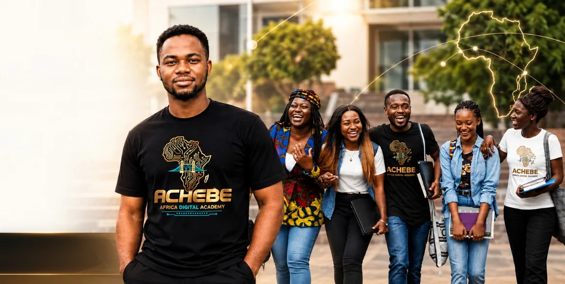 Students of Achebe Africa Digital Academy walking and laughing on campus steps, one in front in an academy T-shirt
