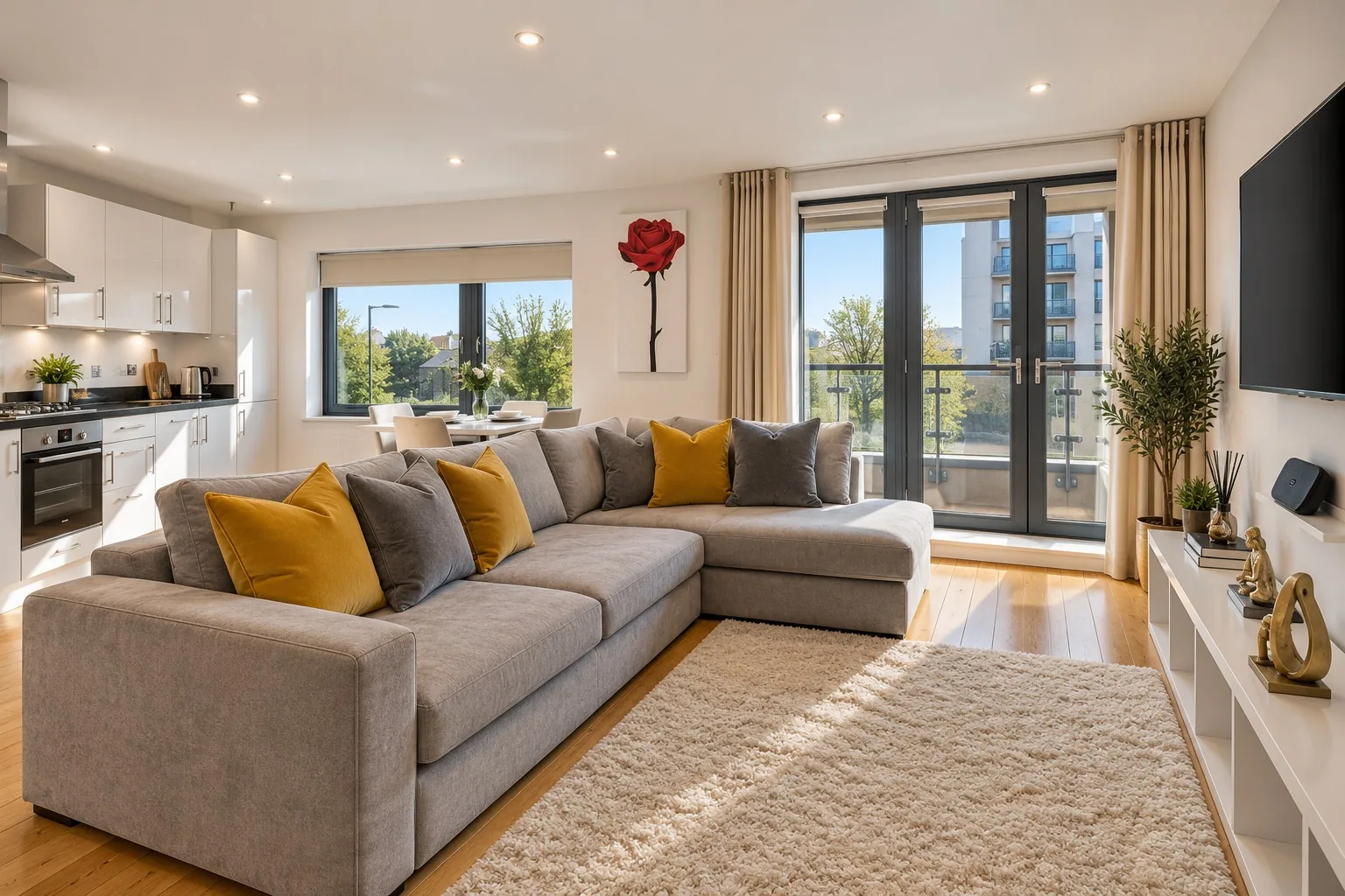 A Marlex living room: a grey corner sofa with mustard and grey cushions on a cream rug, glass doors to a balcony behind
