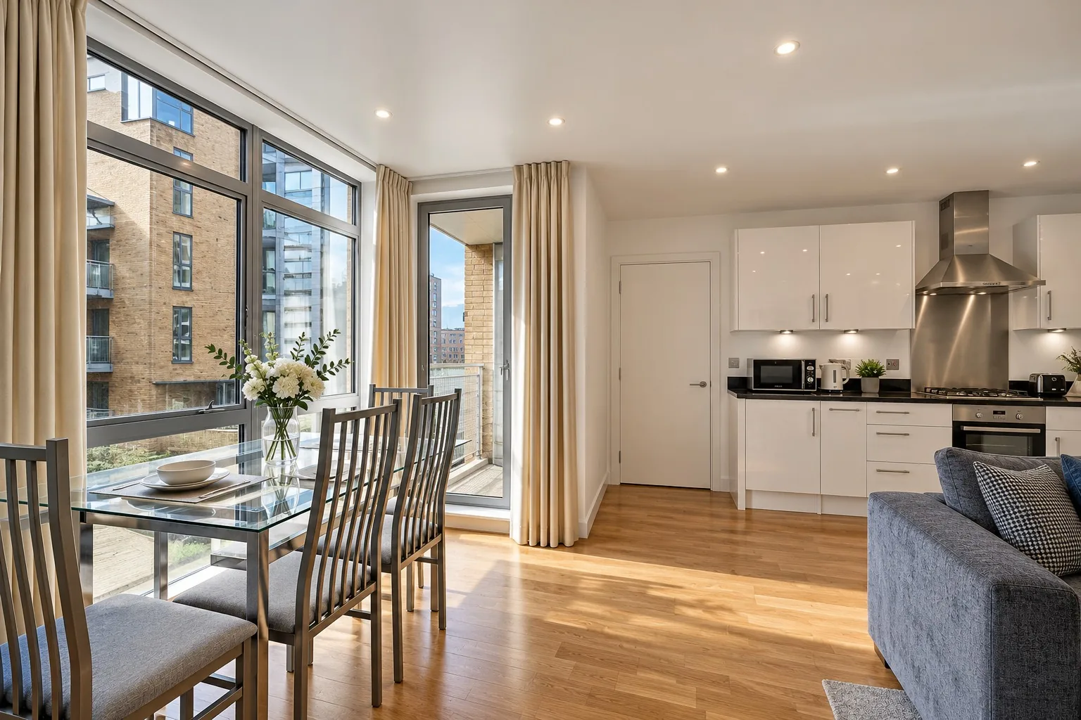 A Marlex dining area: a glass table with white flowers beside tall windows, the white kitchen beyond