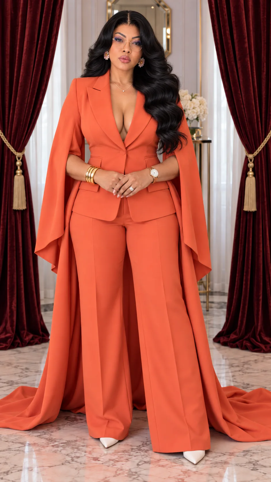 Marie Achebe in a coral gown against red stage curtains