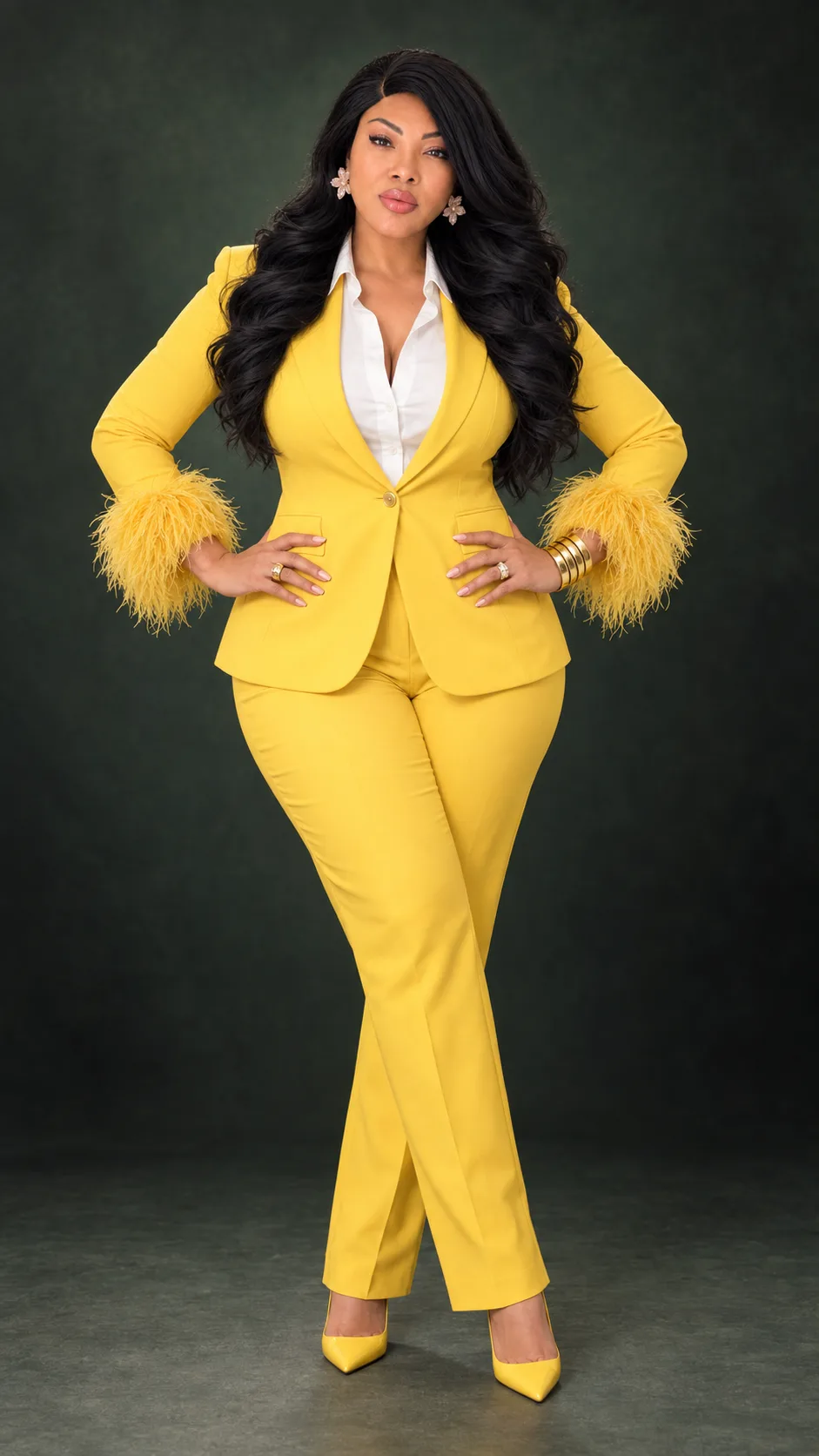 Marie Achebe in a yellow suit, studio portrait