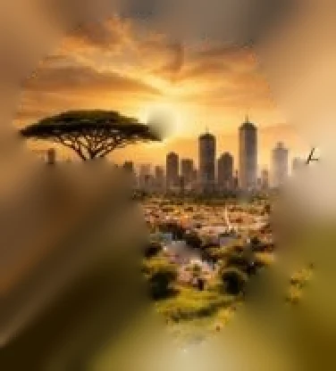 An acacia and a city skyline at sunset, in the shape of Africa