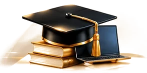 A graduation cap on books beside a laptop
