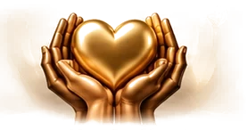 Two hands holding a gold heart