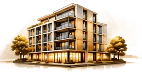 A gold-lit apartment building