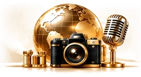 A gold globe, a camera and a microphone