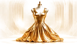 A gold gown on a dress form