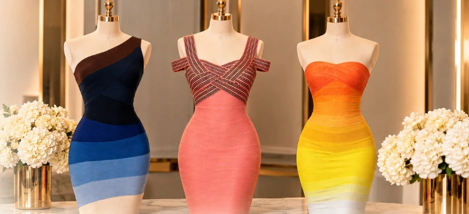 Three House of Zalex bandage dresses on dress forms, between vases of white hydrangeas