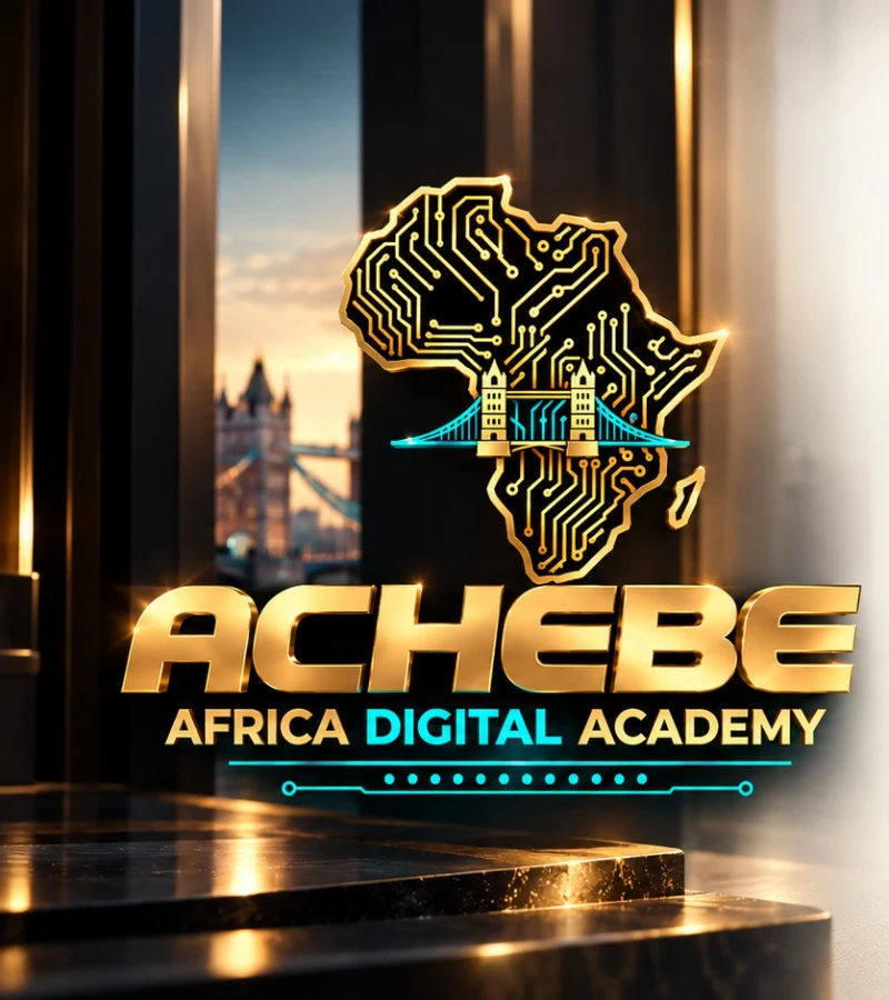 The Achebe Africa Digital Academy mark, gold Africa with Tower Bridge, in a dark room looking out over London