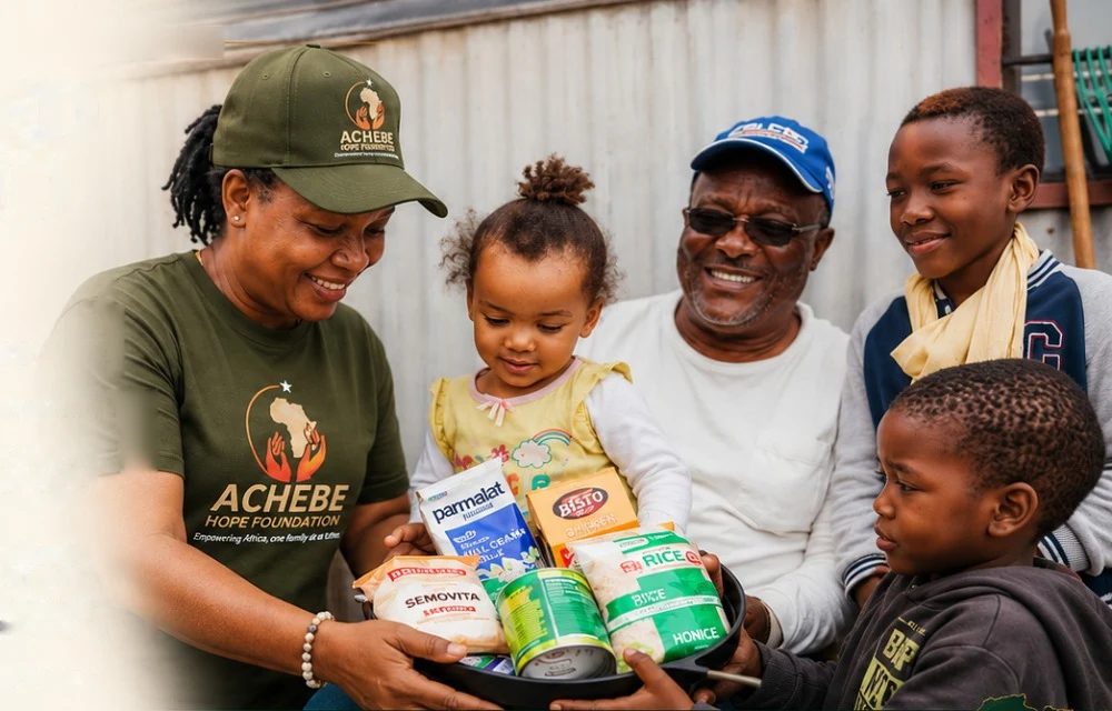 A woman in an Achebe Hope Foundation cap and T-shirt handing a basket of food to a small girl, with her grandfather and two boys