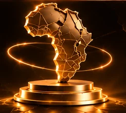 A gold map of Africa on a lit plinth