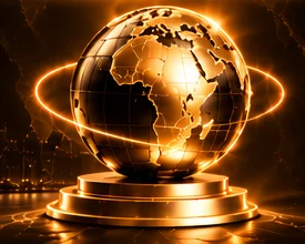 A gold globe on a lit plinth